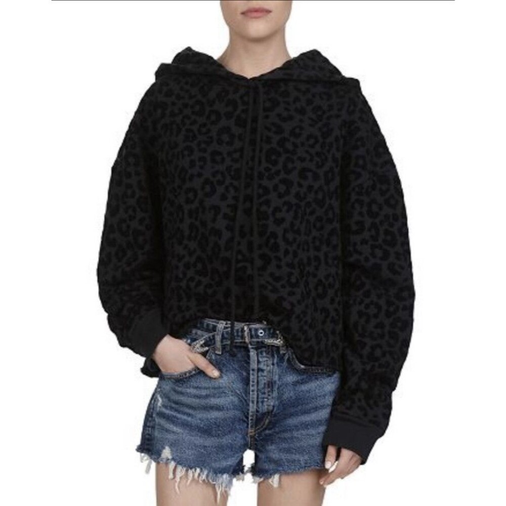 The Kooples Hoodie Sweatshirt Women’s L Velvet Leopard Print‎ Pullover Raw Hem